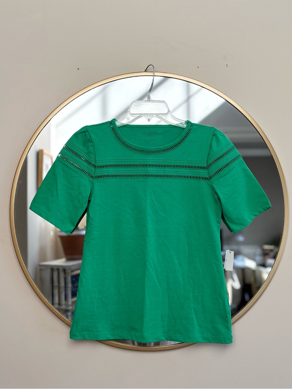 Talbots Petite Green Crewneck Tee with Eyelet Trim